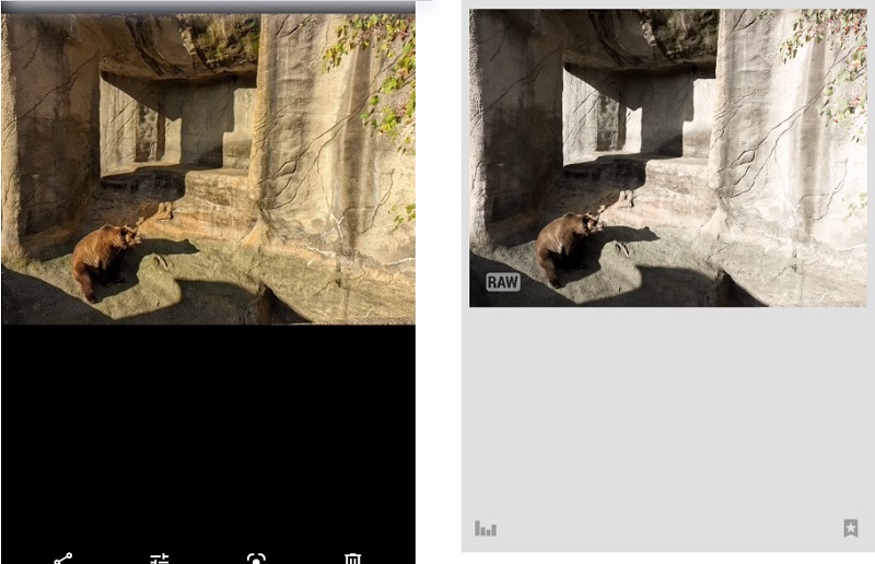 Ảnh bên phải chụp chế độ ảnh RAW thuận tiện cho việc chỉnh sửa ảnh sau khi chụp