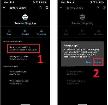 có thể chọn Background restriction (Hạn chế trong nền) > chọn Restrict (Hạn chế) để ngăn ứng dụng tiêu thụ quá nhiều năng lượng trong nền điện thoại