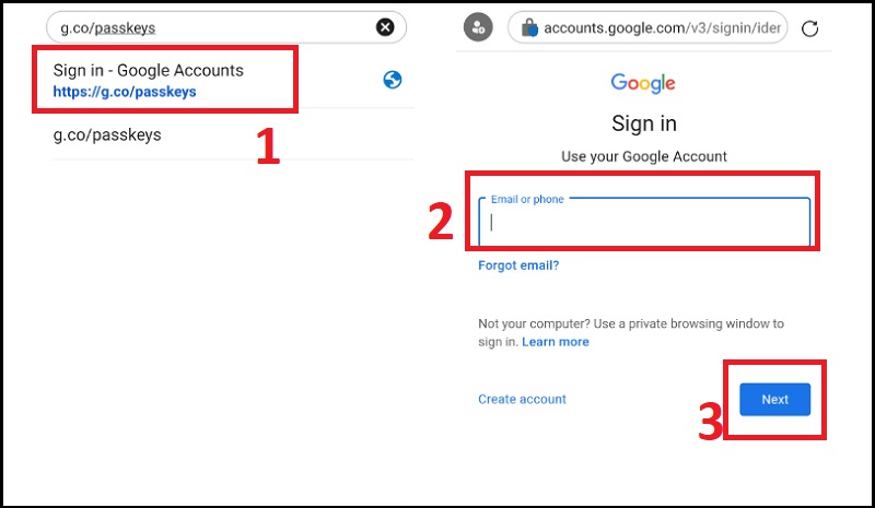 Truy cập trang Google Passkeys, rồi đăng nhập tài khoản Google