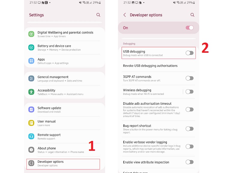 chọn Developer (Tùy chọn nhà phát triển) rồi bật nút chuyển đổi USB Debugging (Gỡ lỗi USB)