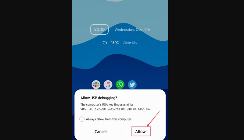 chọn Allow để cho phép gỡ lỗi USB
