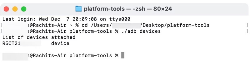 Chạy lệnh ./adb devices trong cửa sổ Terminal 
