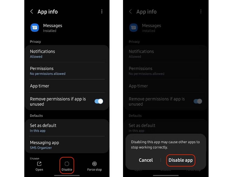 Chọn tùy chọn Disable (Tắt) > chọn Disable app để tắt ứng dụng.
