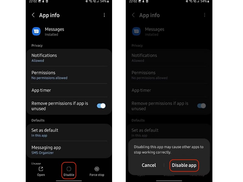 chọn tùy chọn Disable (Tắt) chọn Disable app (Tắt ứng dụng) để xác nhận.