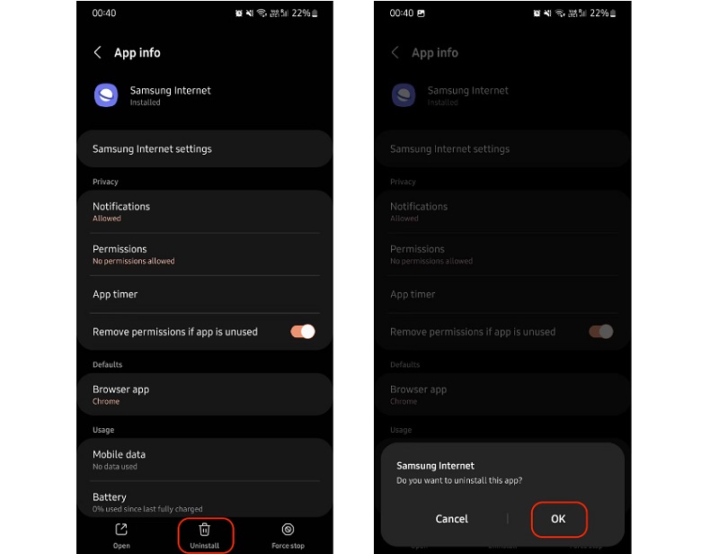 Chọn tùy chọn Uninstall (Gỡ cài đặt), rồi nhấn OK để xóa ứng dụng ra khỏi điện thoại