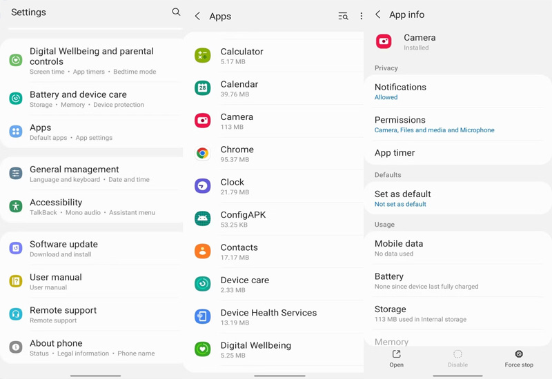 Bước 2: Chuyển đến Apps > Chọn vào Máy ảnh (Camera) > Nhấn chọn vào Quyền (Permissions).
