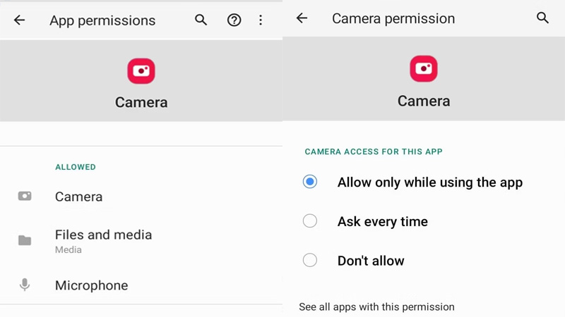 Bước 3: Chạm vào Máy ảnh (Camera) và chọn Chỉ cho phép khi sử dụng ứng dụng (Allow only while using the app)
