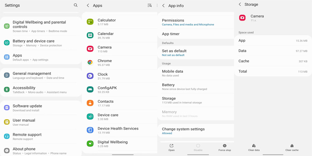 Cách 1: Truy cập Cài đặt (Settings) > Chọn vào mục Ứng dụng (Apps) và chọn Máy ảnh (Camera). Sau đó, chạm vào Lưu trữ (Storage) > Chọn vào tùy chọn Xóa bộ nhớ cache (Clear cache).