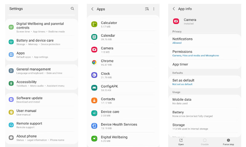 Cách 2: Truy cập Cài đặt (Settings) > Chọn vào mục Ứng dụng (Apps) và chọn Máy ảnh (Camera). Sau đó, chạm vào Buộc dừng (Force stop)