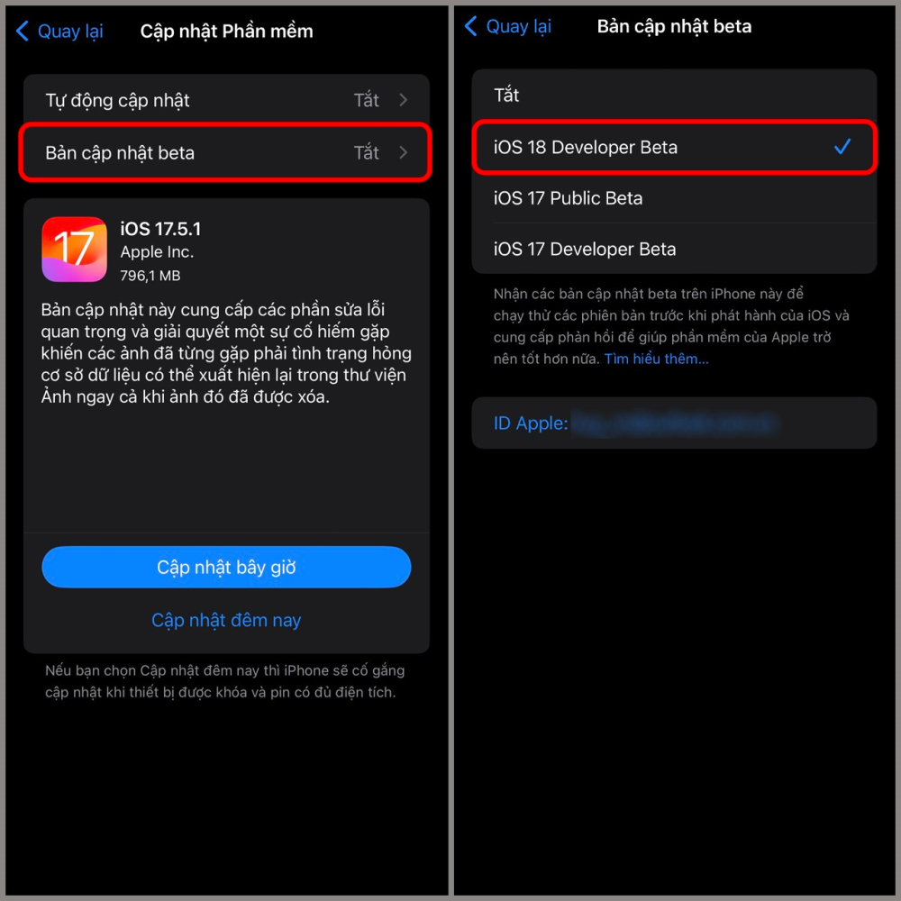 cập nhật ios 18 beta