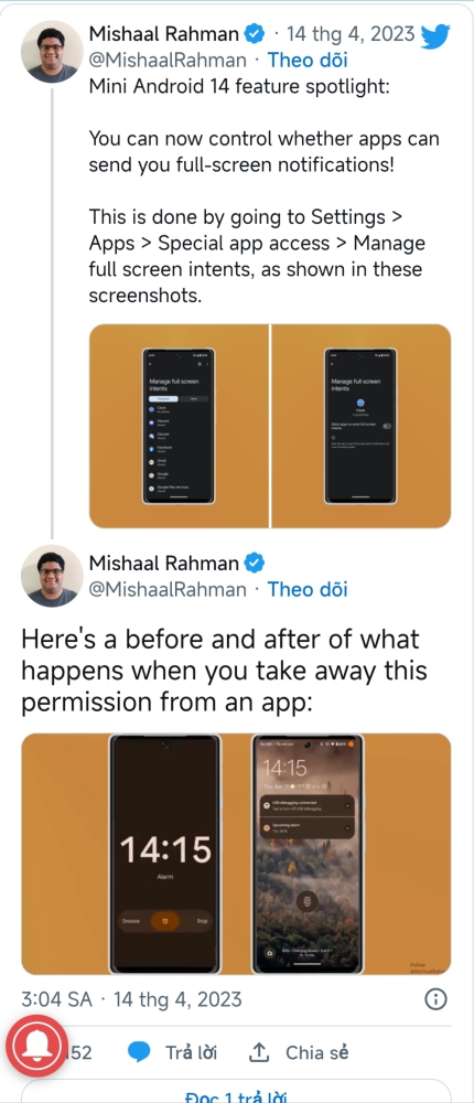 Android 14 sẽ cho phép bạn dừng thông báo toàn màn hình từ các ứng dụng