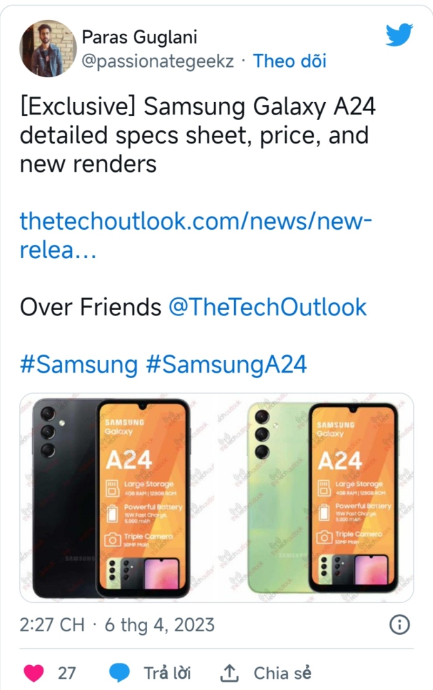 Lộ diện hình ảnh kết xuất Galaxy A24 với đầy đủ thông số kỹ thuật và mức giá