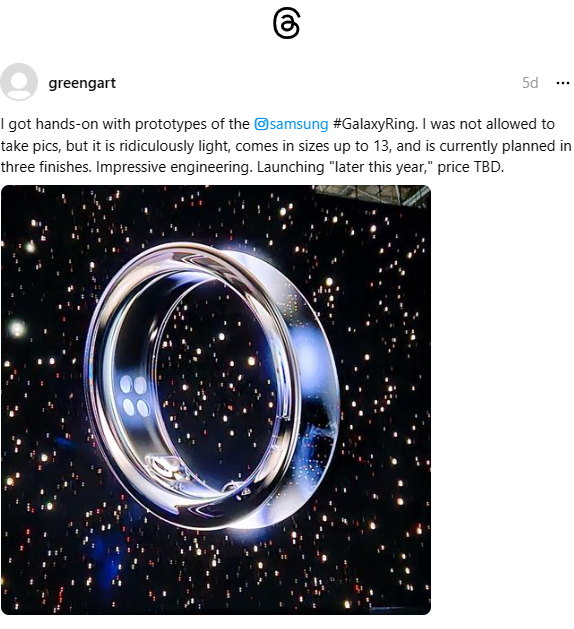 Galaxy Ring có thể sẽ rất nhẹ và được ra mắt vào cuối năm nay