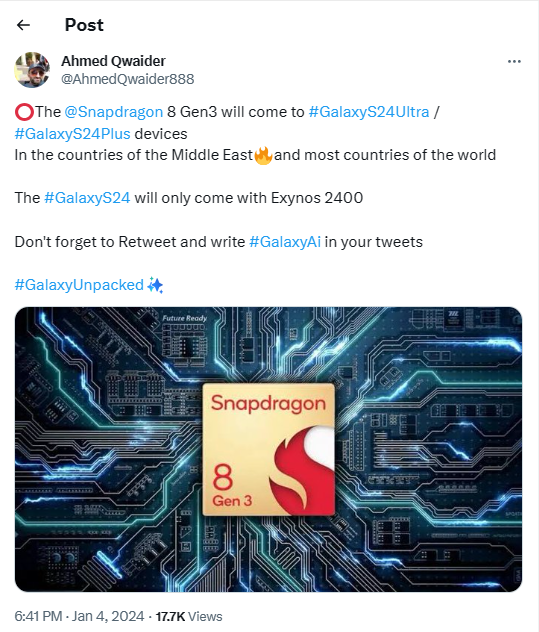 Galaxy S24+ có thể được trang bị chip Snapdragon ở hầu hết các quốc gia