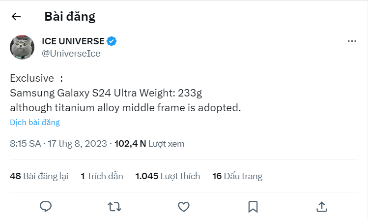 Galaxy S24 Ultra sẽ không nặng hơn mặc dù có khung titan