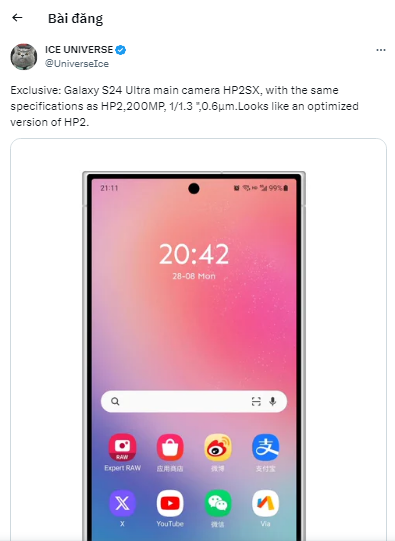 Galaxy S24 Ultra sẽ sử dụng cảm biến camera 200MP mới hơn