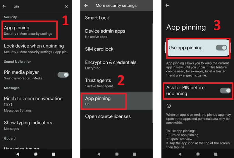 Cách bật tính năng ghim ứng dụng trong cài đặt Android