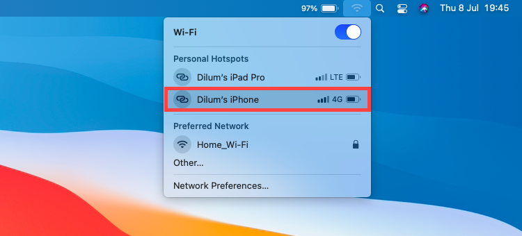 Ngắt kết nối máy của  Macbook khỏi điểm truy cập cá nhân trên iPhone của bạn