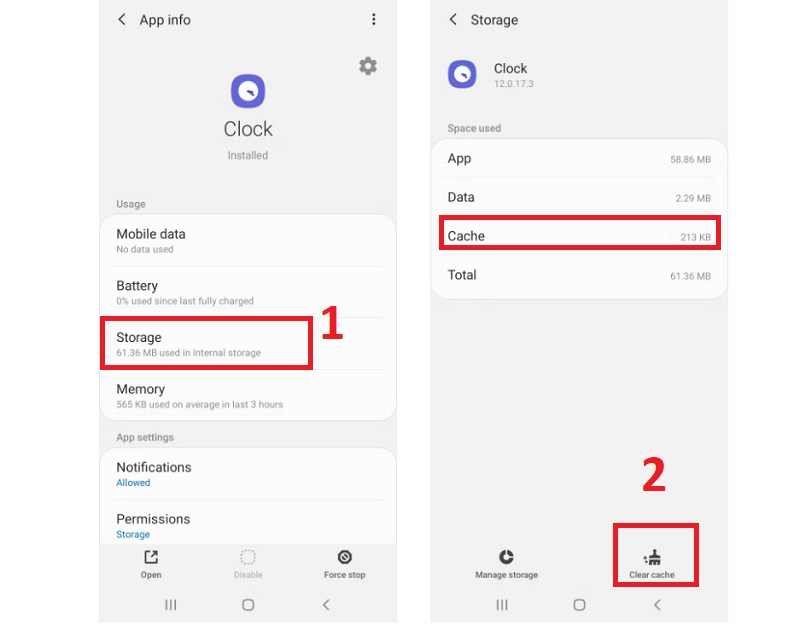 Xóa dữ liệu lưu trữ và bộ nhớ cache của ứng dụng Đồng hồ báo thức