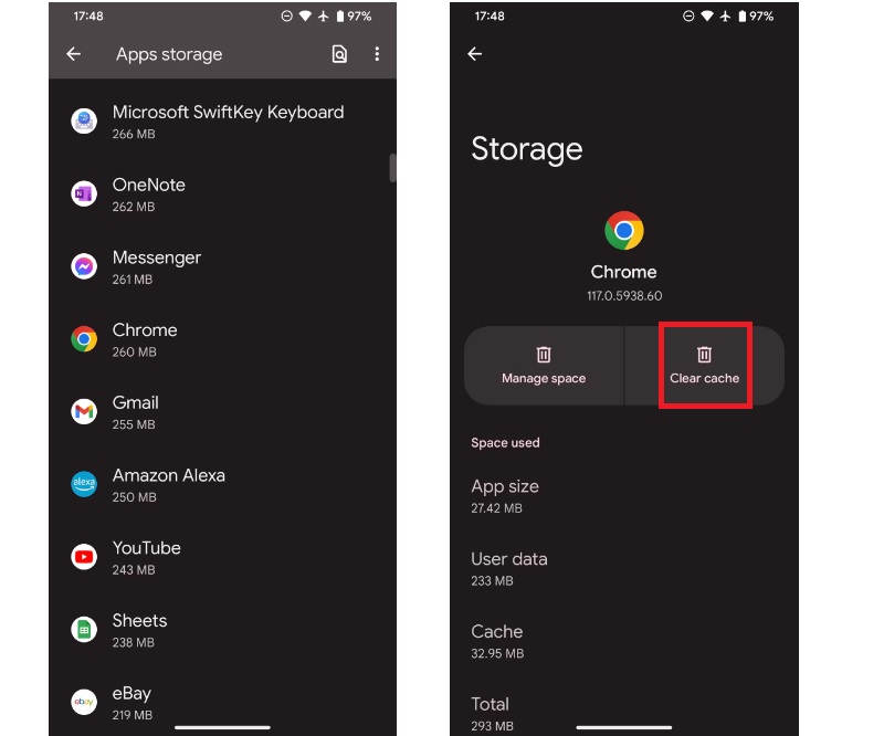 nhấp chạm vào tùy chọn Clear Cache