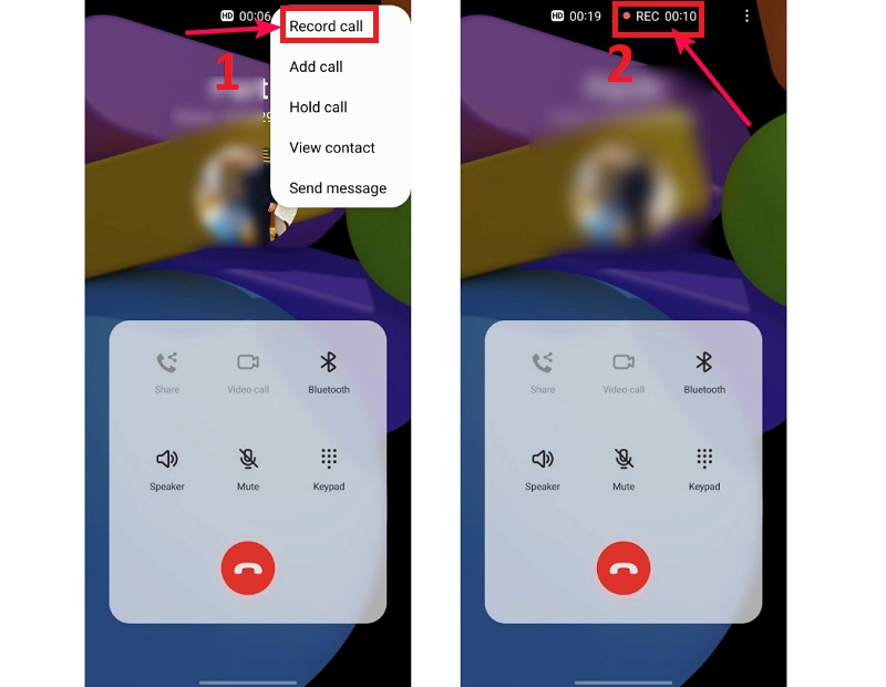 Chọn Record calls (Ghi âm cuộc gọi). Dấu chấm đỏ phía trên là biểu tượng của tính năng ghi âm đang hoạt động