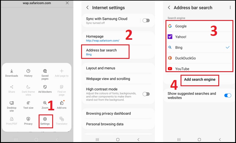 Cách thay đổi công cụ Tìm kiếm mặc định trên trình duyệt Samsung Internet