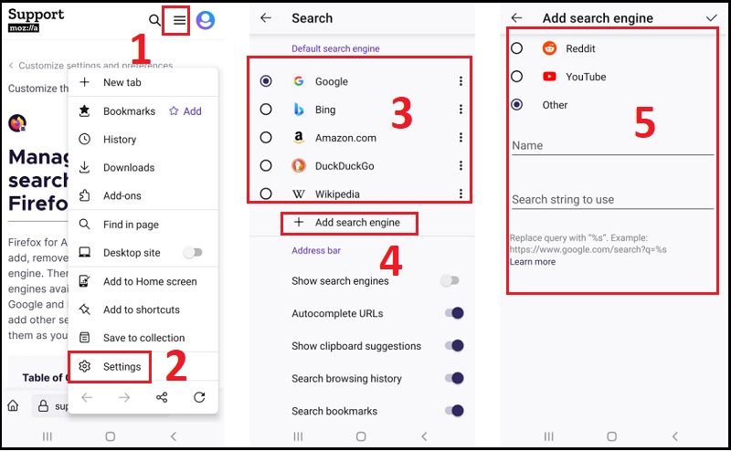 Cách thay đổi công cụ Tìm kiếm mặc định khác trên trình duyệt Firefox