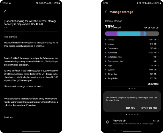 Samsung thay đổi cách One UI 6 tính toán dung lượng lưu trữ của thiết bị để tránh gây nhầm lẫn cho người dùng