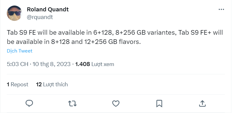 Galaxy Tab S9 FE có thể có RAM lên tới 12GB