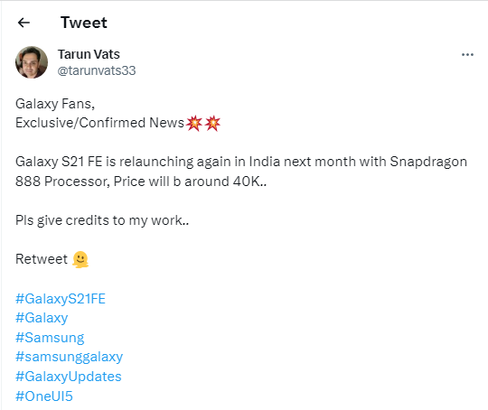 Samsung có thể phát hành lại Galaxy S21 FE vào tháng tới