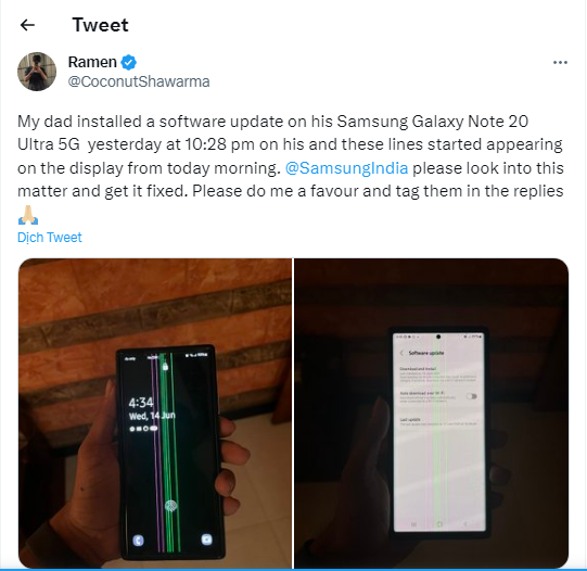 Samsung thay màn hình Galaxy Note 20 Ultra miễn phí sau sự cố màn sọc xanh