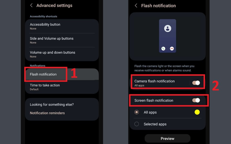 Chọn tùy chọn cách bật thông báo đèn flash trên điện thoại Samsung