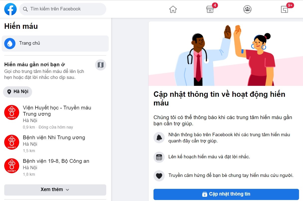 Tính năng hiến máu trên Facebook