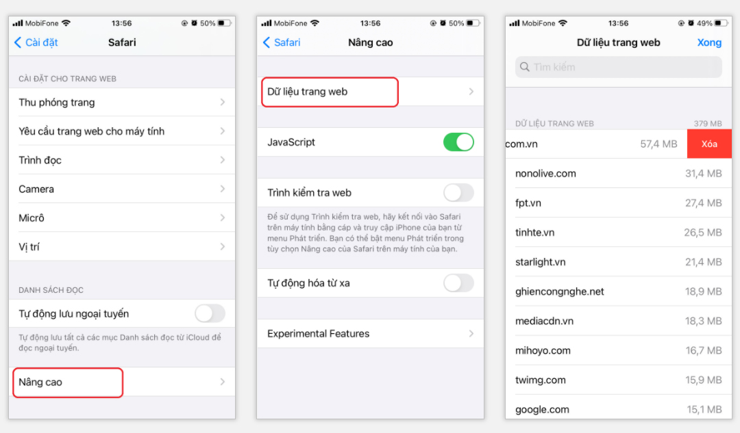 xóa bộ nhớ đệm trên iPhone
