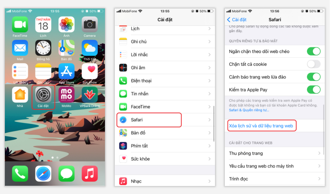 xóa bộ nhớ đệm trên iPhone