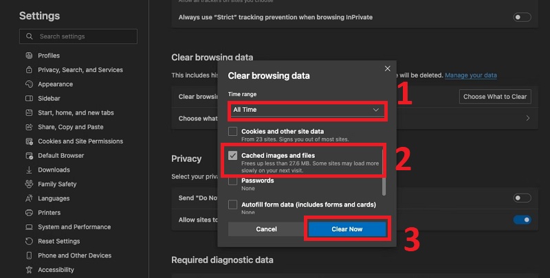 Nhấp chọn Cached images and files